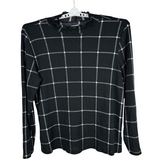 Maurices Womens Plus Size 2X Long Sleeve Black Ribbed Ruffle Neck Grid Print Top - Picture 1 of 5